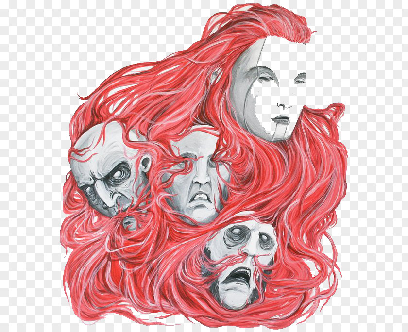 Red Long Hair Mask Illustration Drawing PNG