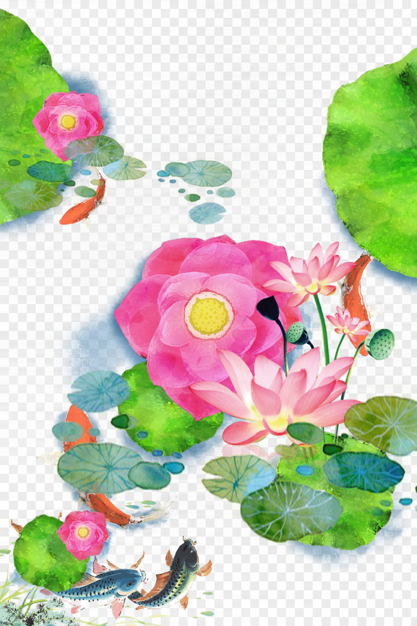 Chinese Wind Lotus Flowers Carp Koi Watercolor Painting Download PNG