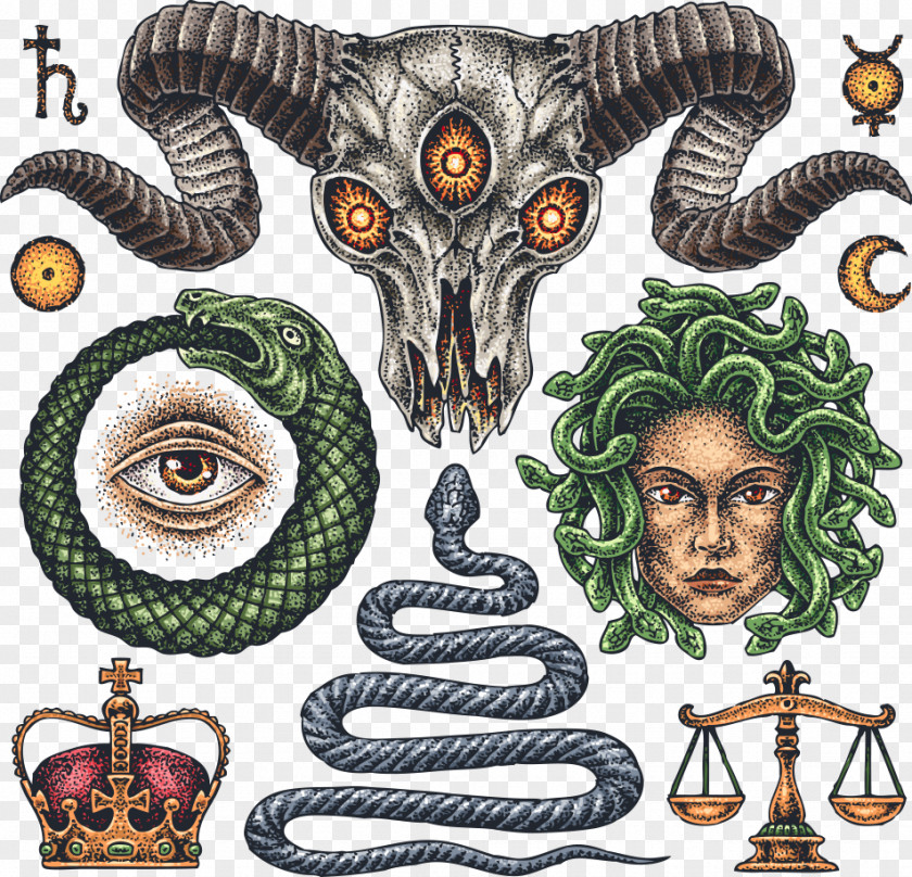 Vector Antelope Horn And Baby Snake Tattoo Old School (tattoo) Flash Occult PNG