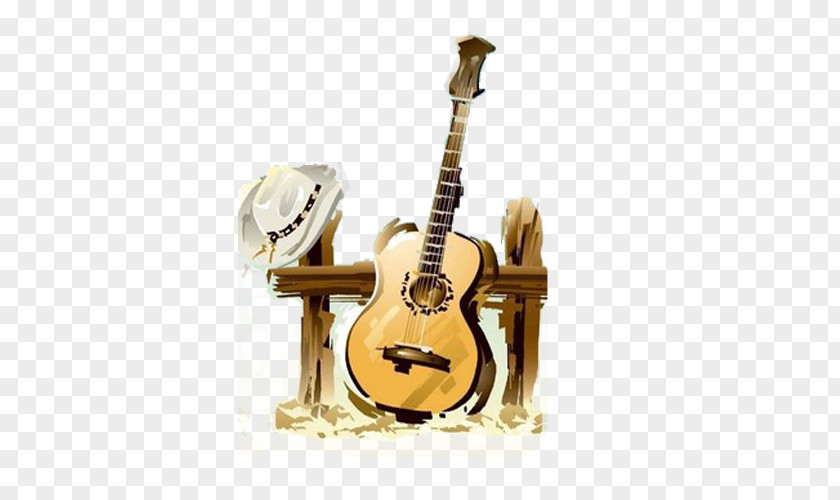 Country Music Drawing PNG music , Guitar and hat, brown acoustic guitar leaning on fence beside white cowboy hat art clipart PNG