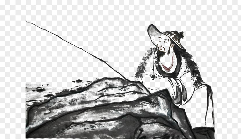 Brush Painting, Ink Fishing Black And White Sketch PNG