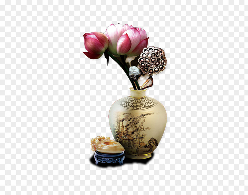 Lotus Vector Illustration Vase Chinoiserie Poster PNG