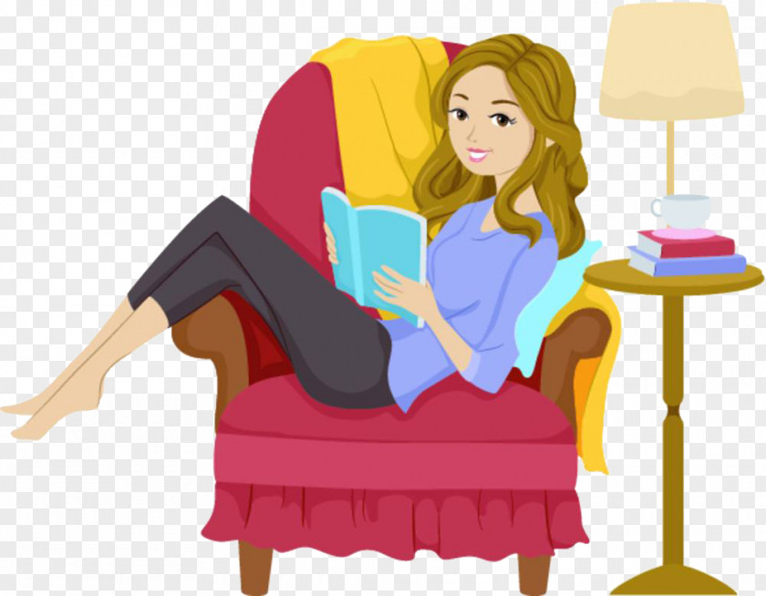 Reading Girl Book PNG , A woman reading on a sofa, book illustration clipart PNG