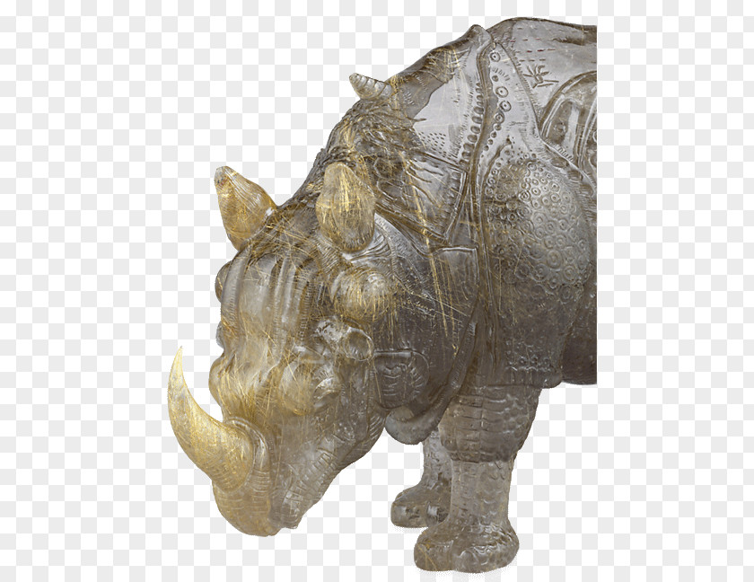 Bronze Tripod Rhinoceros Rutilated Quartz Stone Carving Sculpture PNG