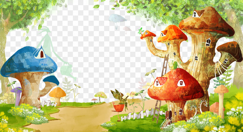 Large Mushrooms Construction Cartoon Mural Wallpaper PNG