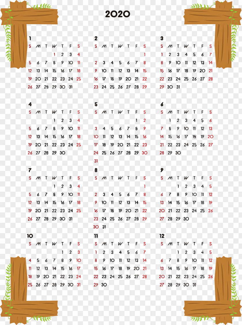 2020 Yearly Calendar Printable Year PNG