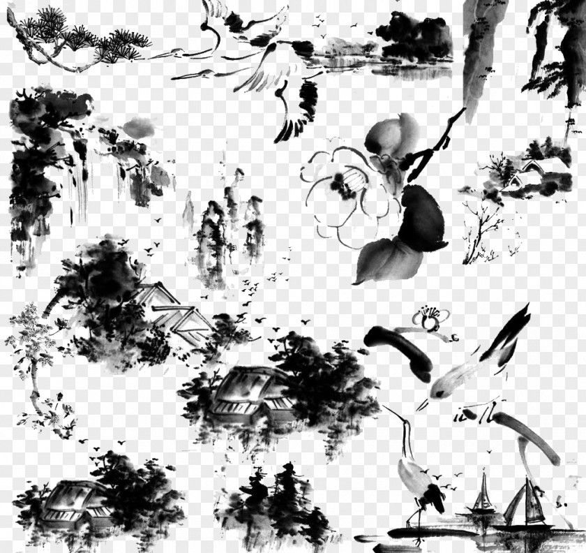 China Creative Wind Chinoiserie Ink Wash Painting PNG