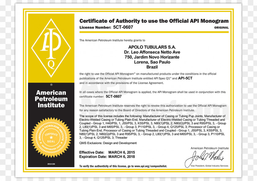 Tubular Tri-Star Industries American Petroleum Institute Certification ISO 9000 Quality Management System PNG