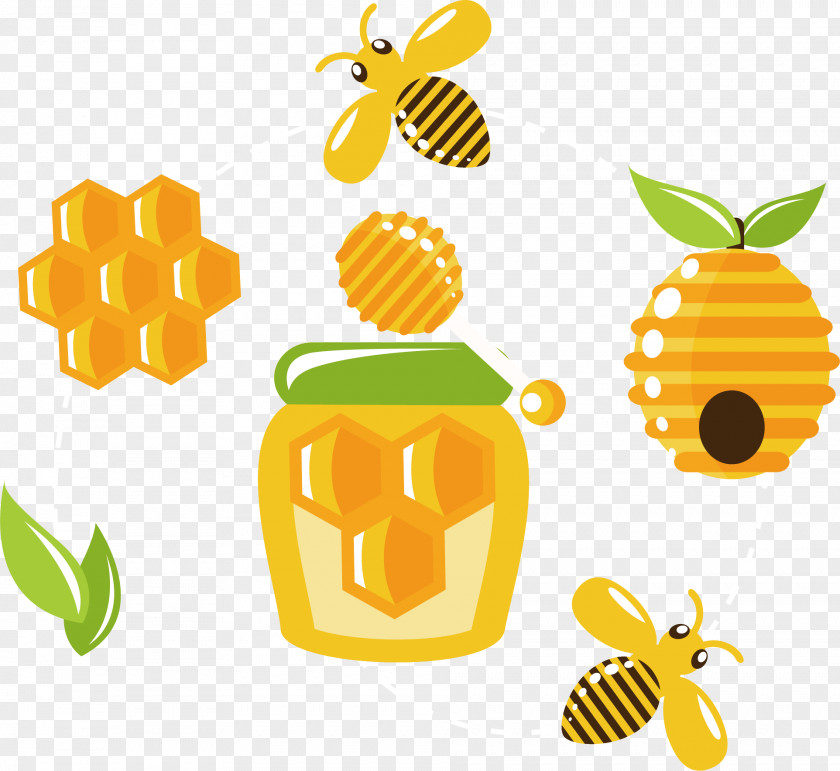 Vector Cartoon Bees Beehive Honey Bee Honeycomb PNG