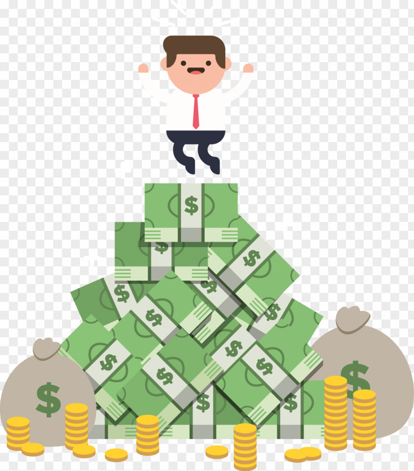 In The Heap Of Coins Business Man Jumping Vector Money Internet Service PNG