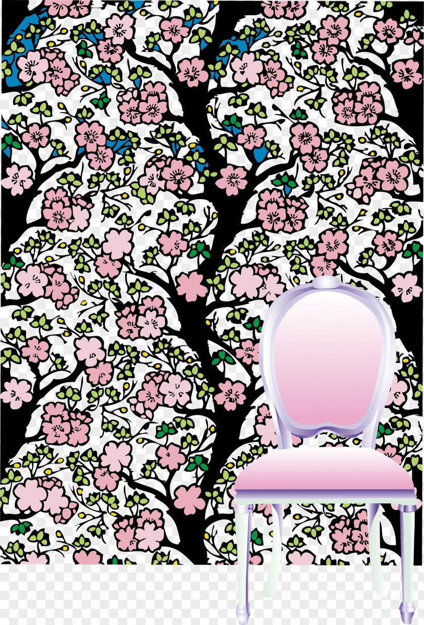 Peach Pink Chair Behind Cherry Blossom Illustration PNG