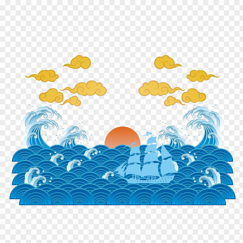 Hand Painted Waves Up The Sun Vector Material Cartoon Euclidean Sunrise Illustration PNG