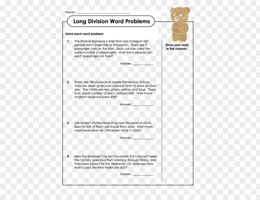 Problems Word Problem Worksheet Long Division Mathematics PNG