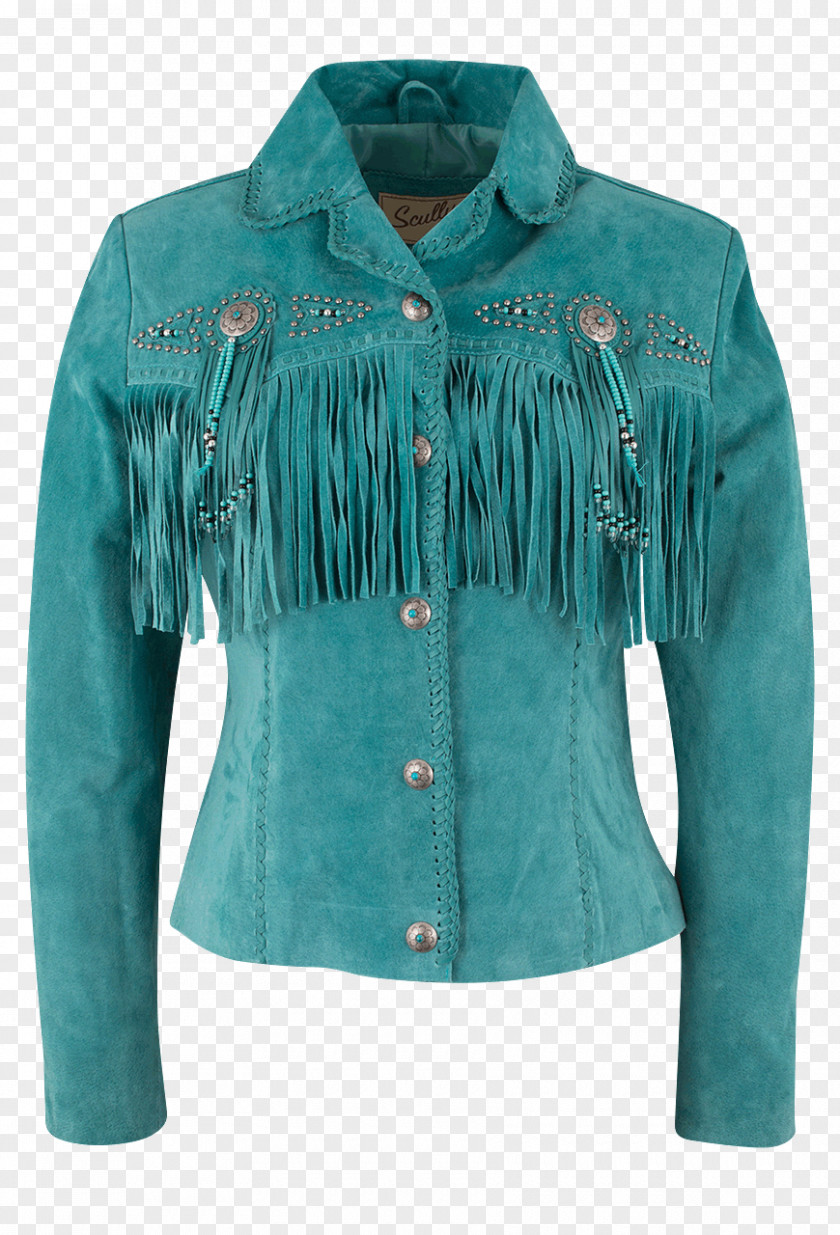 Fringe Leather Jacket Turquoise PNG