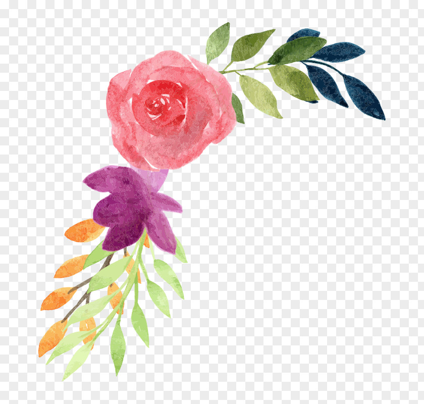 Watercolor Paint Plant Stem Pink Flowers PNG