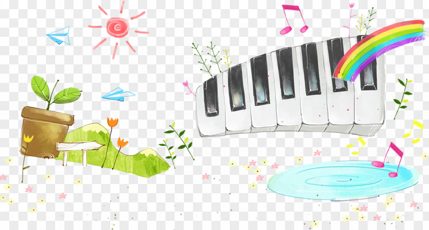 Piano With Musical Notes Watercolor Painting Cartoon Illustration PNG