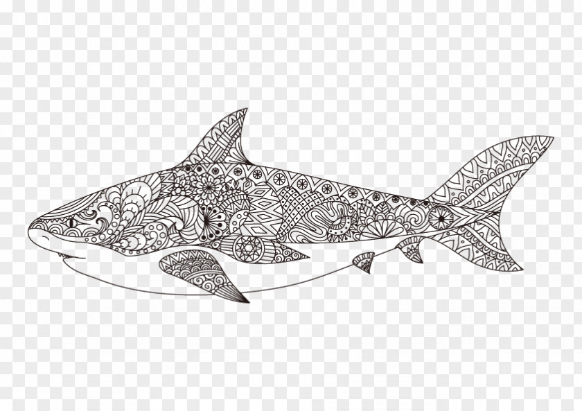 Shark Linear Painting Coloring Book Drawing Line Art Mandala PNG