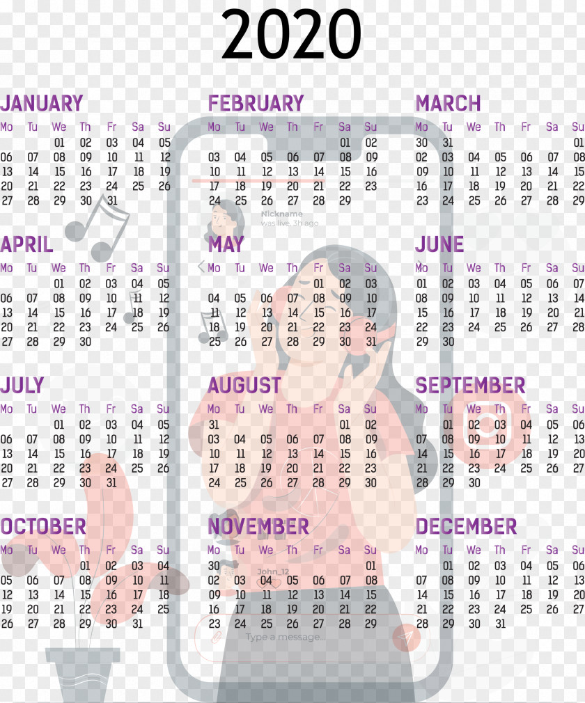 2020 Yearly Calendar Printable Template Full Year PNG