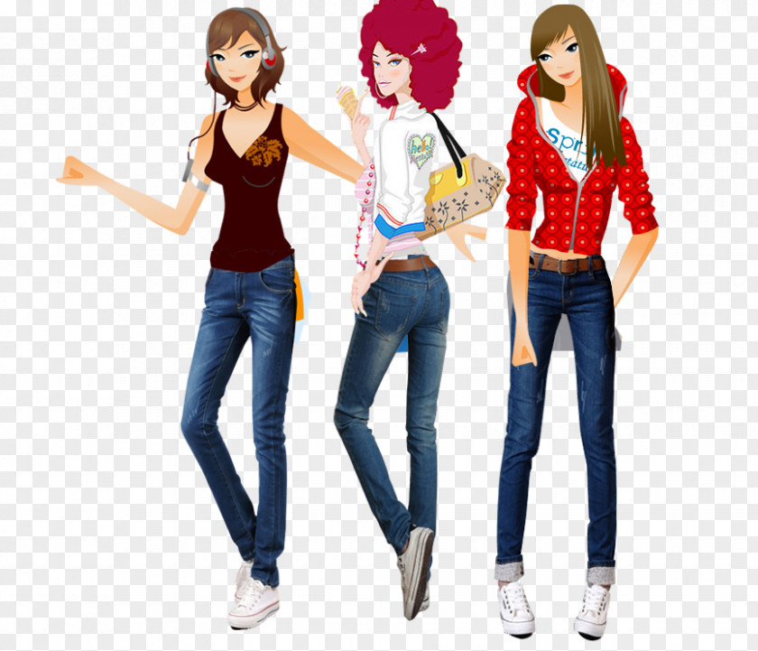Three Cartoon Women Jeans T-shirt Taobao PNG