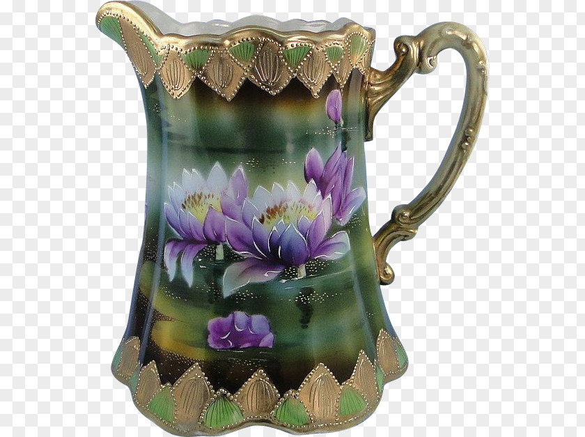 Hand Painted Lotus Borders Jug Vase Pottery Ceramic Pitcher PNG