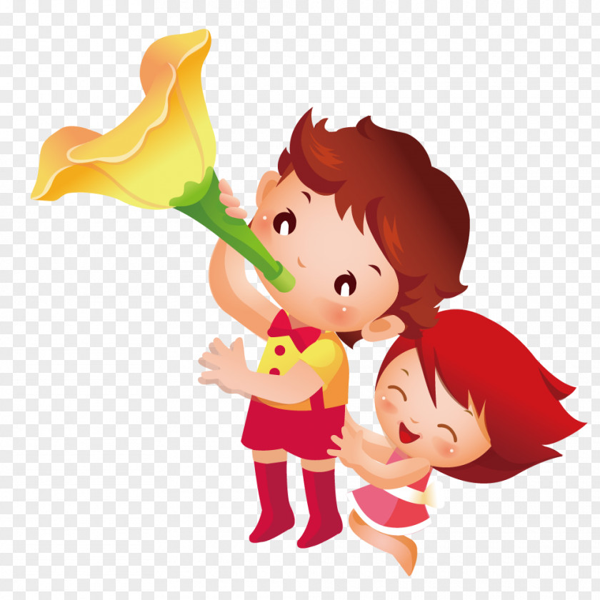 Children Blowing Trumpet Flowers PNG