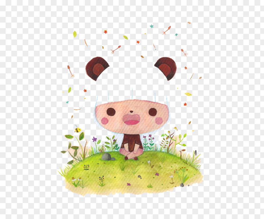 Drawing Bear Ears Girl. Cartoon Watercolor Painting Illustration PNG