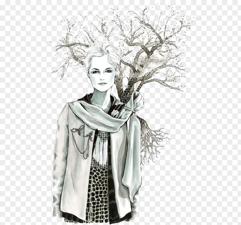 Sketch Beautiful Female Deep Forest Illustrator Drawing Fashion Watercolor Painting Illustration PNG