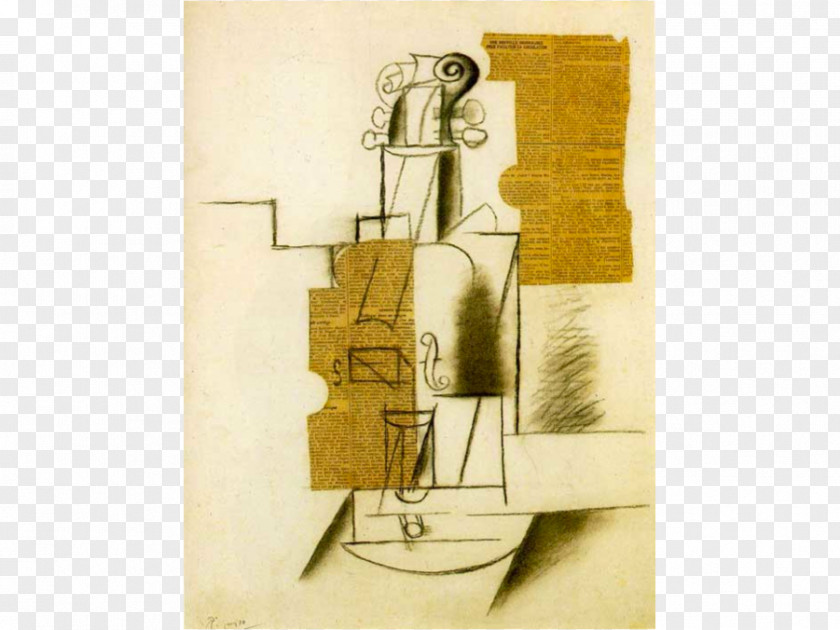 Pablo Picasso Still Life With Violin Glass And Bottle Of Suze Cubism Papier Collé PNG