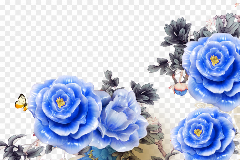Jade Peony Blue Rose Wallpaper PNG