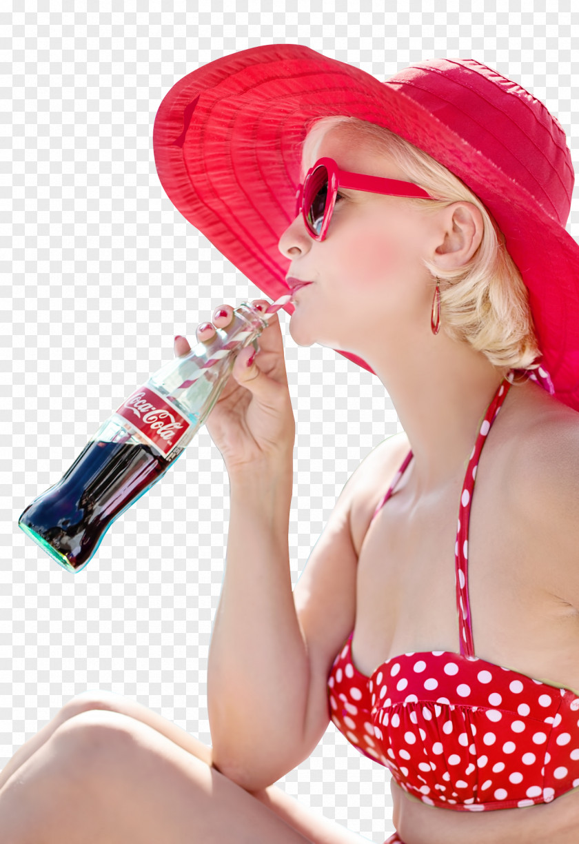 Coca-Cola Soft Drink Coffee Tea PNG drink Tea, Sexy Woman Drinking Coca Cola Drink, woman in red and white polka-dot bikini top wearing sunhat drinking bottle clipart PNG