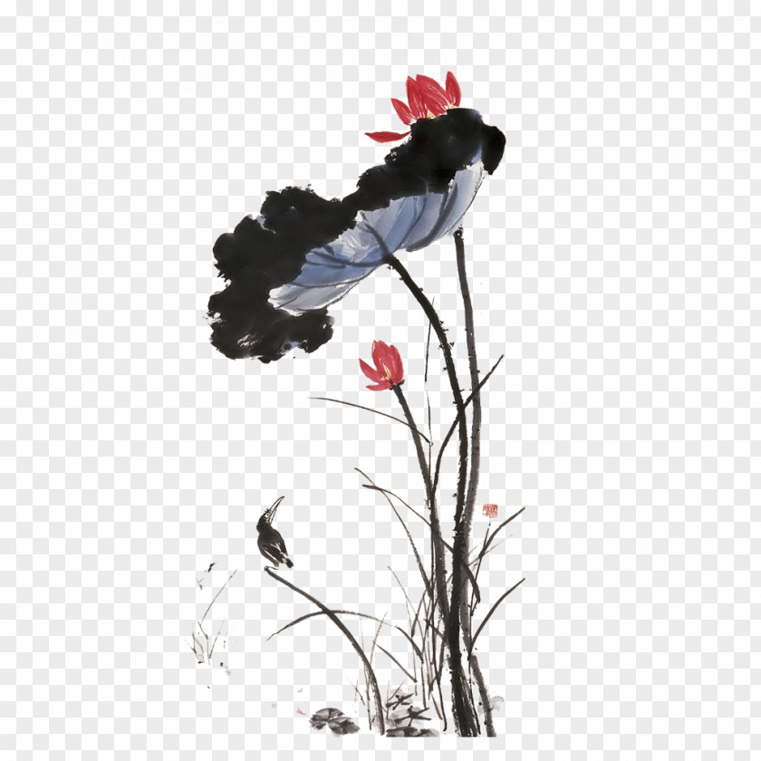 Lotus Ink Wash Painting Bird-and-flower PNG