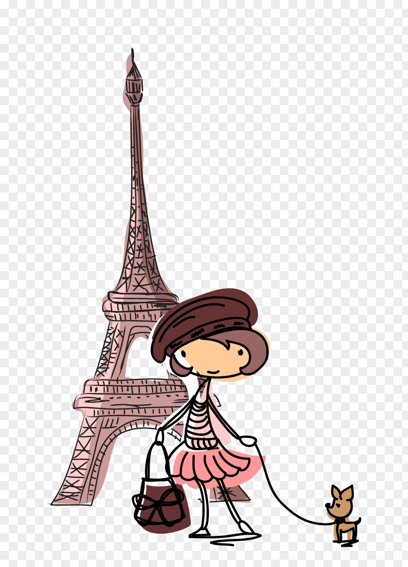 Eiffel Tower Cartoon Illustration PNG Illustration, Travel painted cartoon girl clipart PNG
