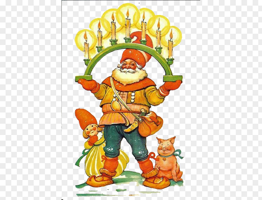 Santa Claus Holding A Candlestick With Kids Piggy Sweden Christmas Card New Year PNG