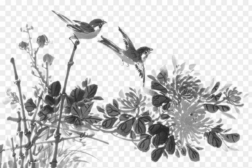 Sparrow Chrysanthemum And Fence China Chinoiserie Ink Wash Painting Poster PNG