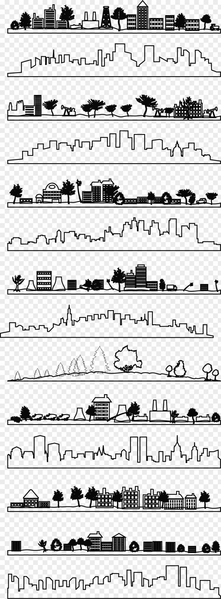 City Silhouette In Black And White Drawing Line Art PNG