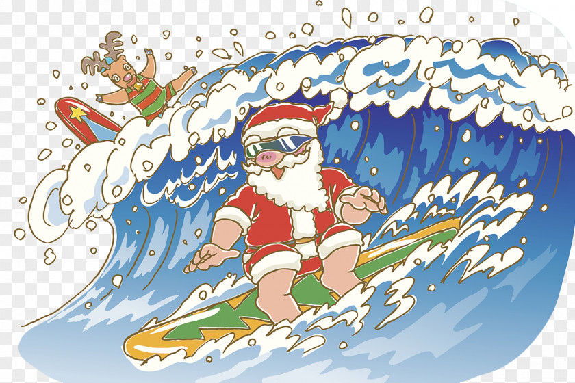 Santa Surfing Claus Rudolph Reindeer Christmas Tree Illustration PNG