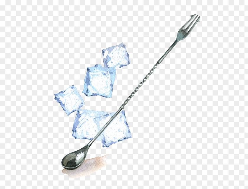 Hand-painted Spoon And Ice Cubes Cocktail Cube Watercolor Painting PNG