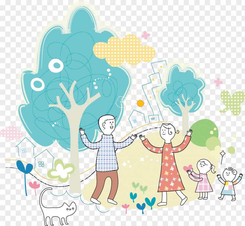 Vector Cartoon Painted Happy Family Pixel Illustration PNG