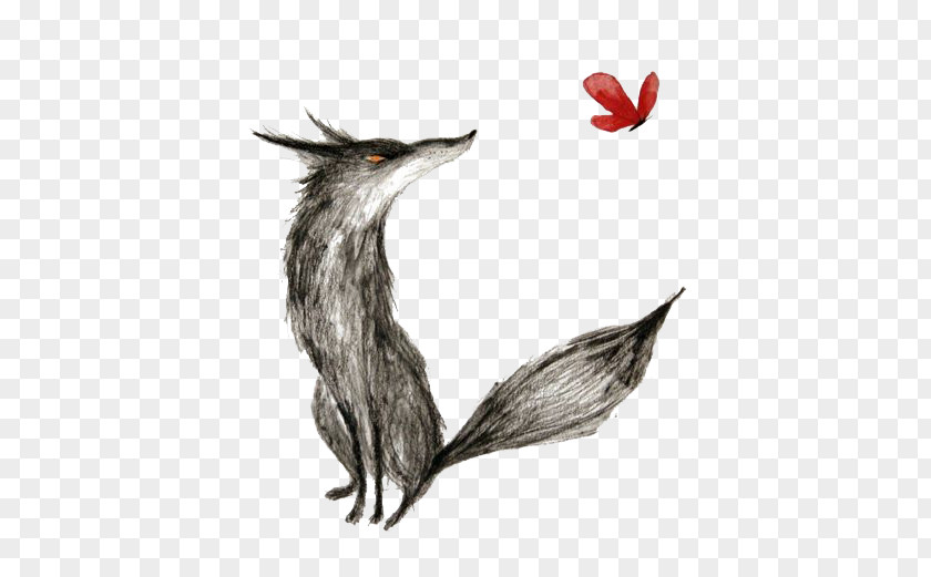 Hand-painted Fox Grimms Fairy Tales Little Red Riding Hood Big Bad Wolf Gray Illustration PNG