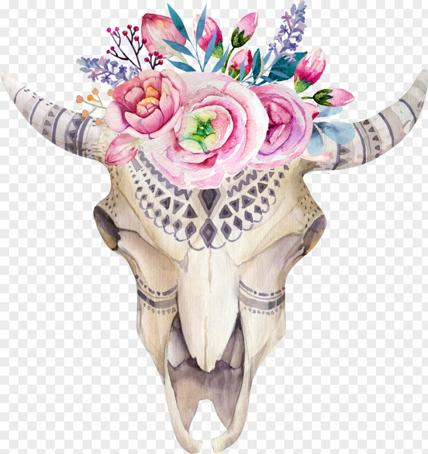 Flower Texas Longhorn Watercolor Painting Floral Design Skull PNG