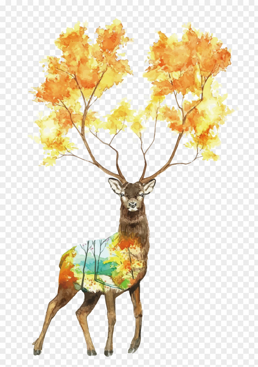 Vector Hand Painted Deer Autumn PNG