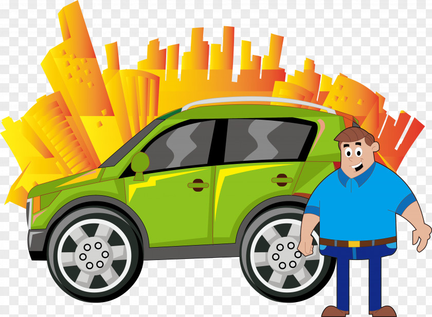 Man And Car Cartoon Graphic Design PNG