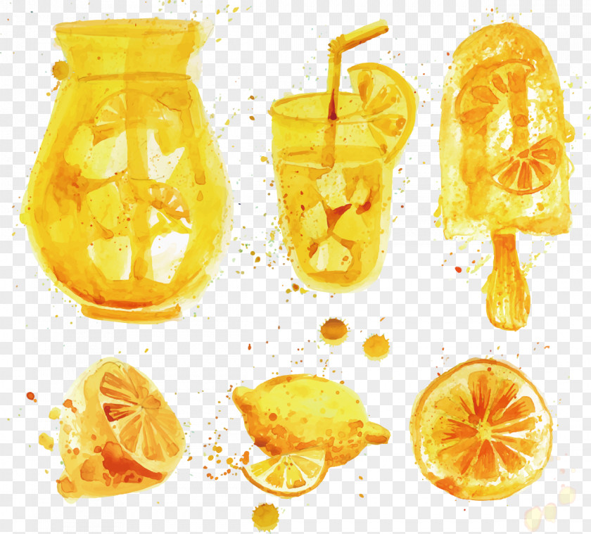 Vector Watercolor Painted Lemon Whiskey Orange Juice Cocktail PNG