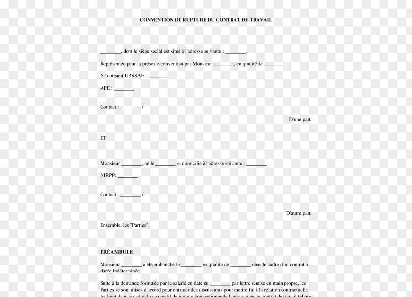 Contrat De Professionnalisation Document Rupture Conventionnelle Du Travail Text Template Form PNG