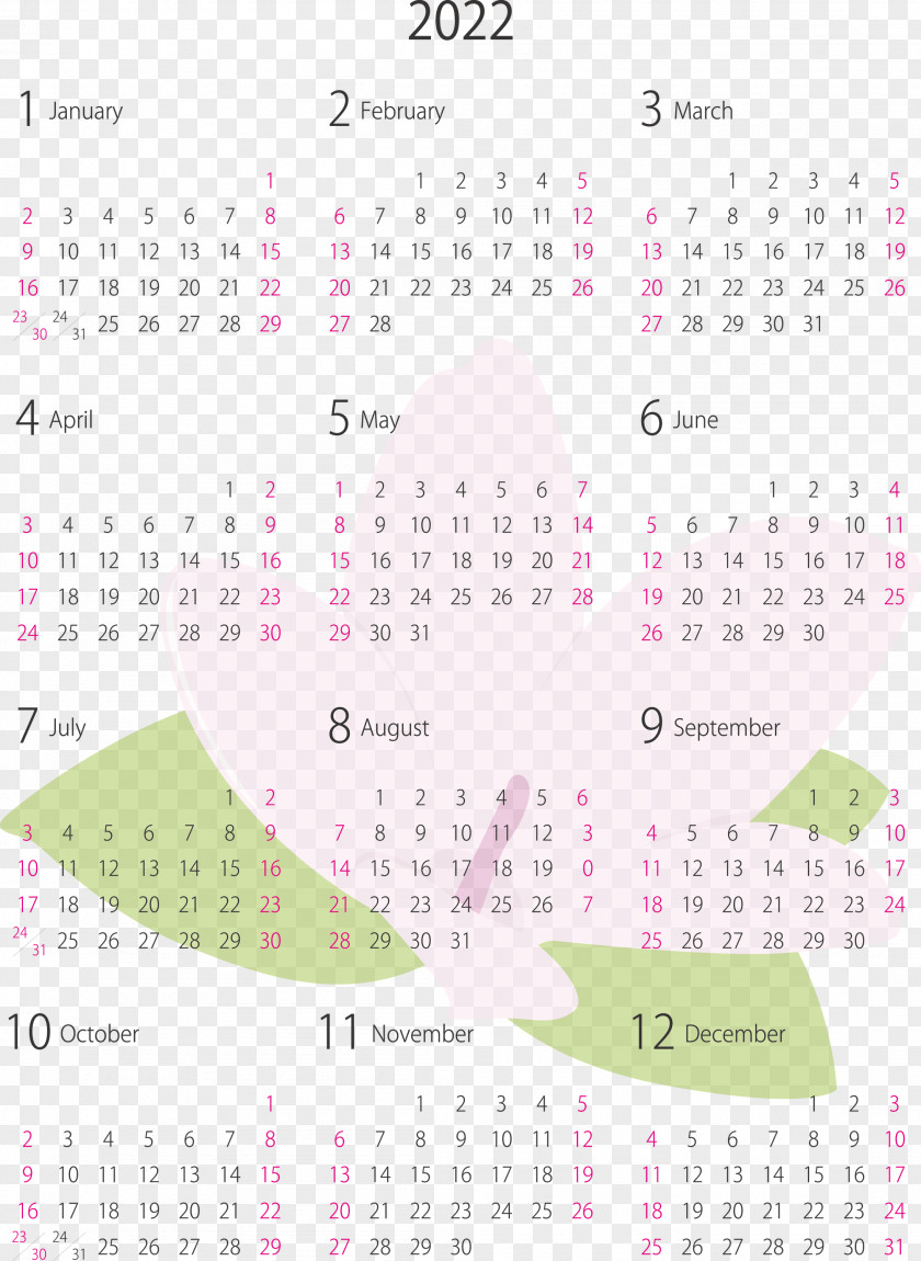 2022 Yearly Calendar Printable PNG