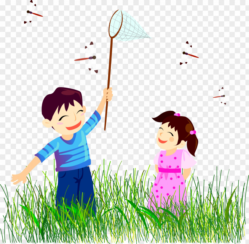 Catching Dragonflies Child Cartoon Illustration PNG