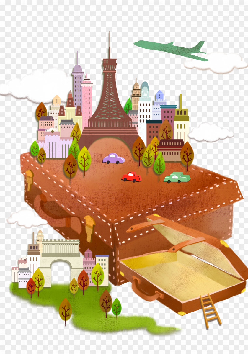 Cartoon City Suitcase Travel Illustration PNG