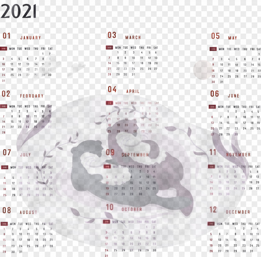 Year 2021 Calendar Printable Yearly Full PNG