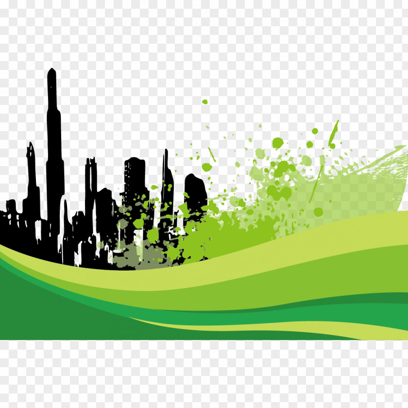 Creative Watercolor Green Building Silhouette Architecture PNG