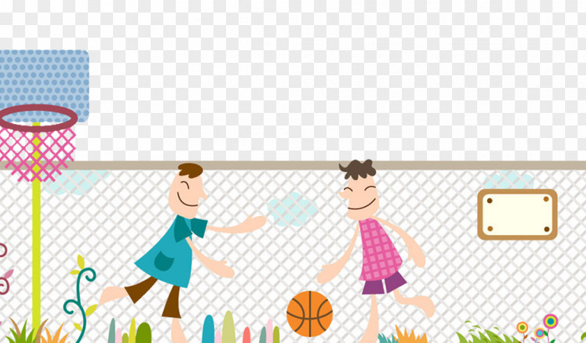 Two Children Basketball Court Illustration PNG